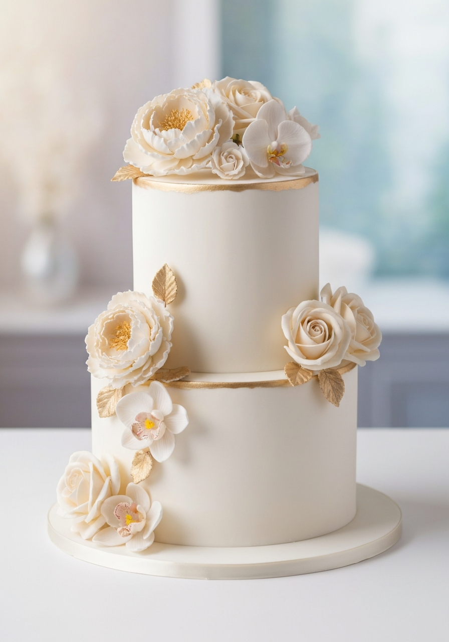 White and gold engagement cake